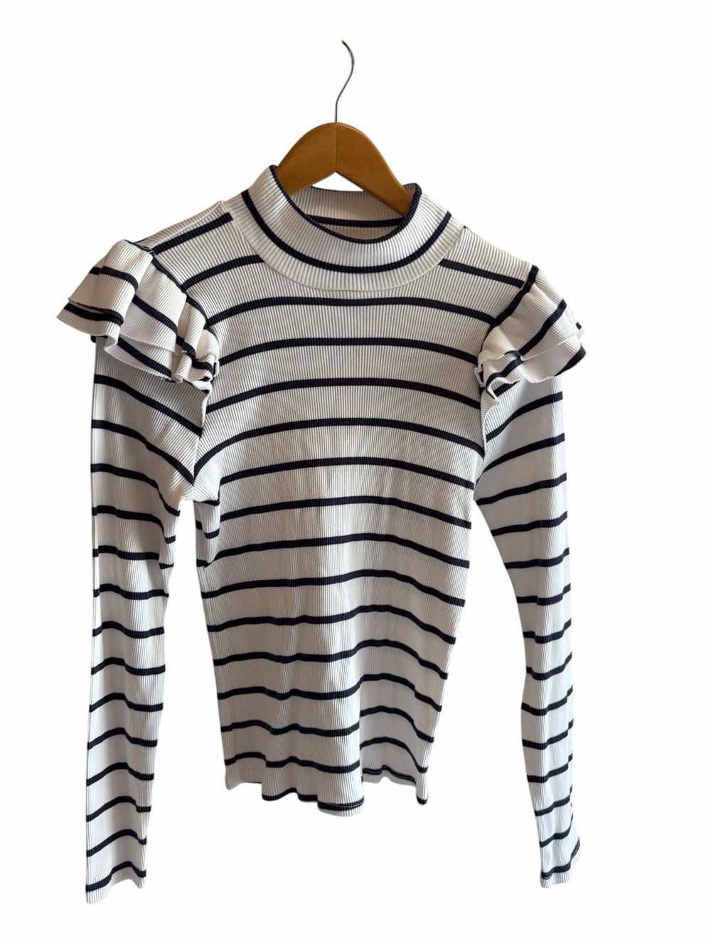 Anthropologie T.LA Ruffled Turtleneck Top Black Cream Stripe Medium - Picture 3 of 6